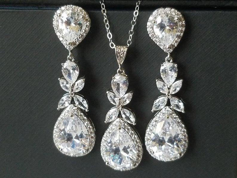 Hochzeit - Crystal Bridal Jewelry Set, Cubic Zirconia Earrings&Necklace Set, Wedding Jewelry Set, Teardrop Crystal Set, Chandelier Earrings Pendant Set