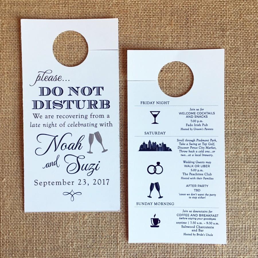 Hochzeit - Do Not Disturb Wedding Door Hangers with Timeline / Agenda / Itinerary - Welcome Bag Fun - Custom Colors / Fonts Available