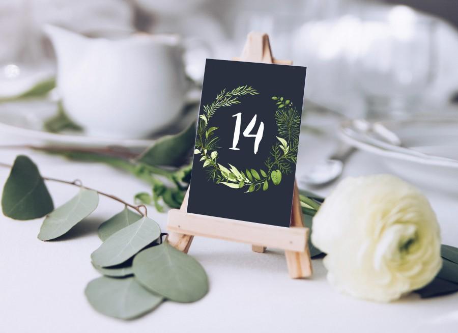 Wedding - greenery themed table numbers, flowers, navy blue, green, digital download, table number for wedding, blue wedding, green wedding