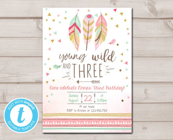 Hochzeit - Young Wild and Three Invitation Girl Pink and Gold 3rd Birthday Three Third Boho Download Printable Invite Template Editable Digital 0073