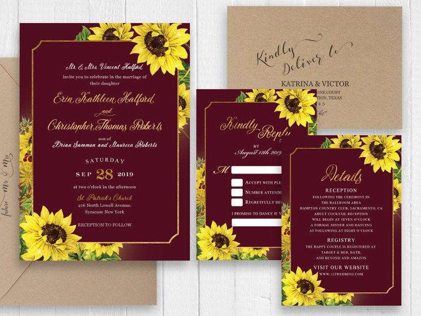 Свадьба - Burgundy Wedding Invitations Sunflower Maroon and Gold Glitter Wedding Invitation RSVP Printed Invite Set SC536(120LB premium card stock)
