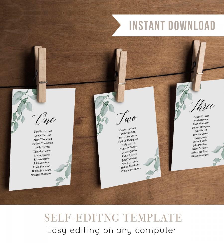 Wedding - Wedding Seating Chart Template, Hanging Seating Cards, Seating Plan, Watercolor Greenery, Instant Download, Editable, Templett #019-107SP