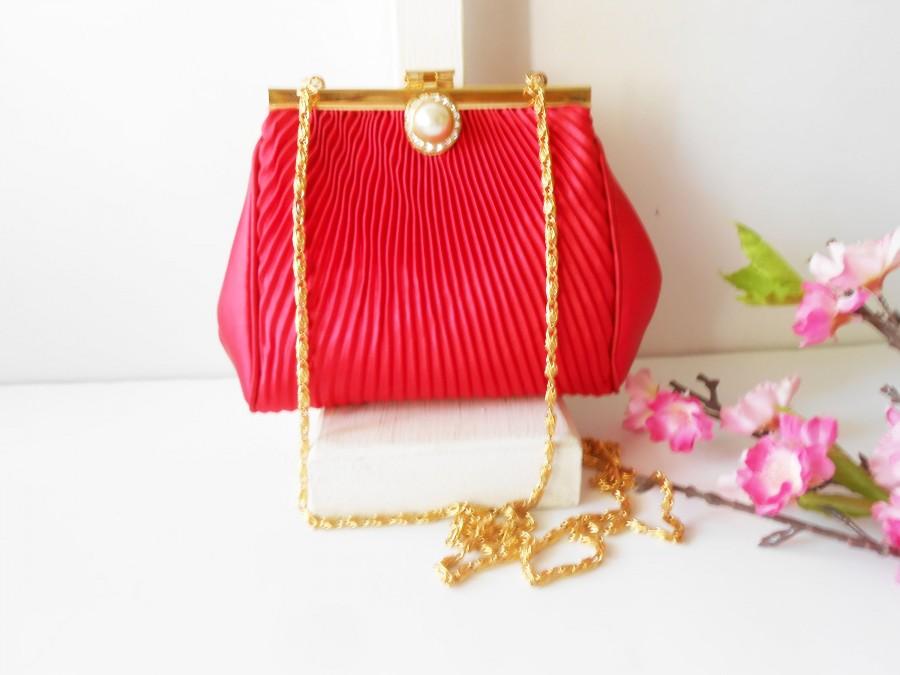 Wedding - Vintage Red Evening Bag, Glamorous Red Handbag Pearl Trim EB-0635