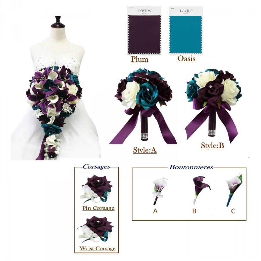 Hochzeit - Angel Isabella USA-Build your wedding package-Plum Ivory Oasis Teal Theme keepsake artificial wedding flowers bouquet corsage boutonniere