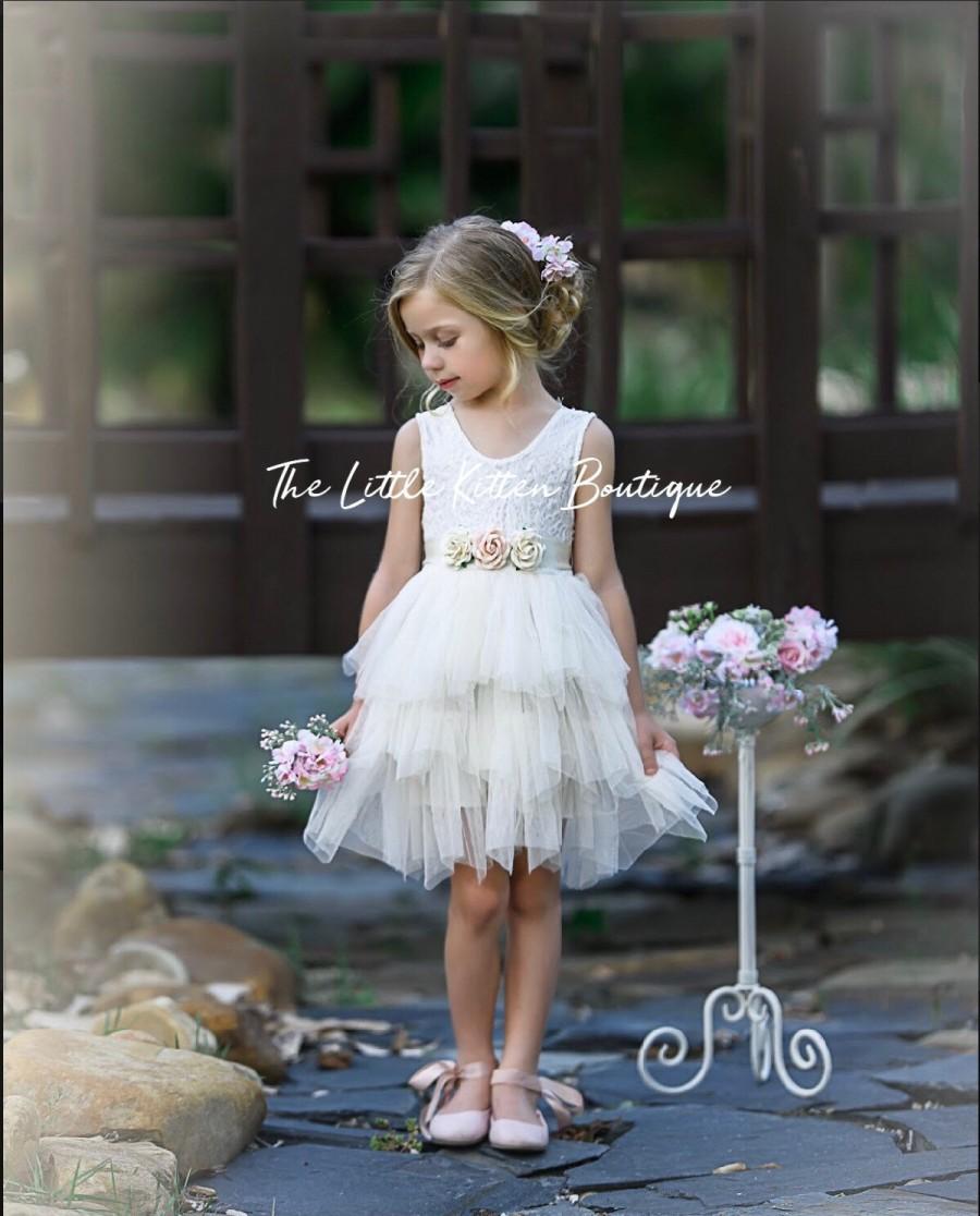 Wedding - Blush pink tulle flower girl dress, White lace flower girl dress, Rustic flower girl dress, Ivory Boho flower girl dress, Toddler dress tutu