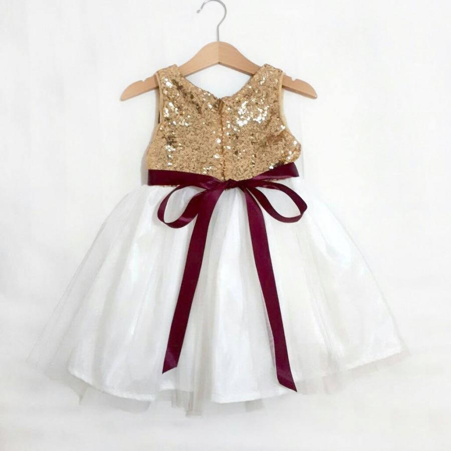 Wedding - Gold Burgundy Flower girl dress with white or ivory tulle skirt, Burgundy wedding theme, girls dress