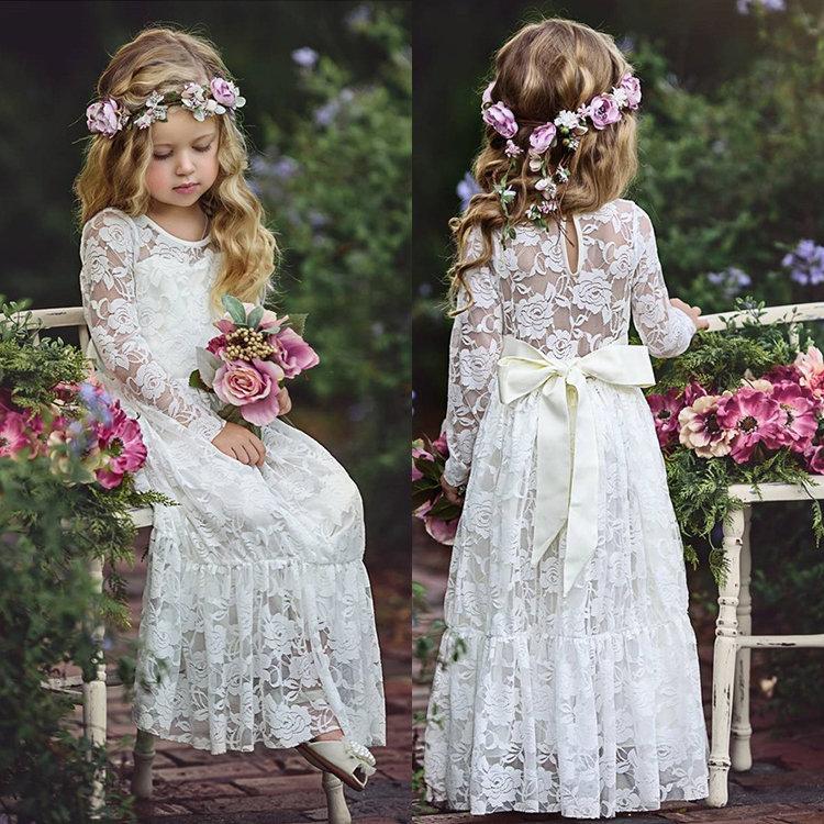 Hochzeit - Long Sleeve Lace Flower Girl Dress, Boho Flower Girl Dress, Boho Flower Girl Headband