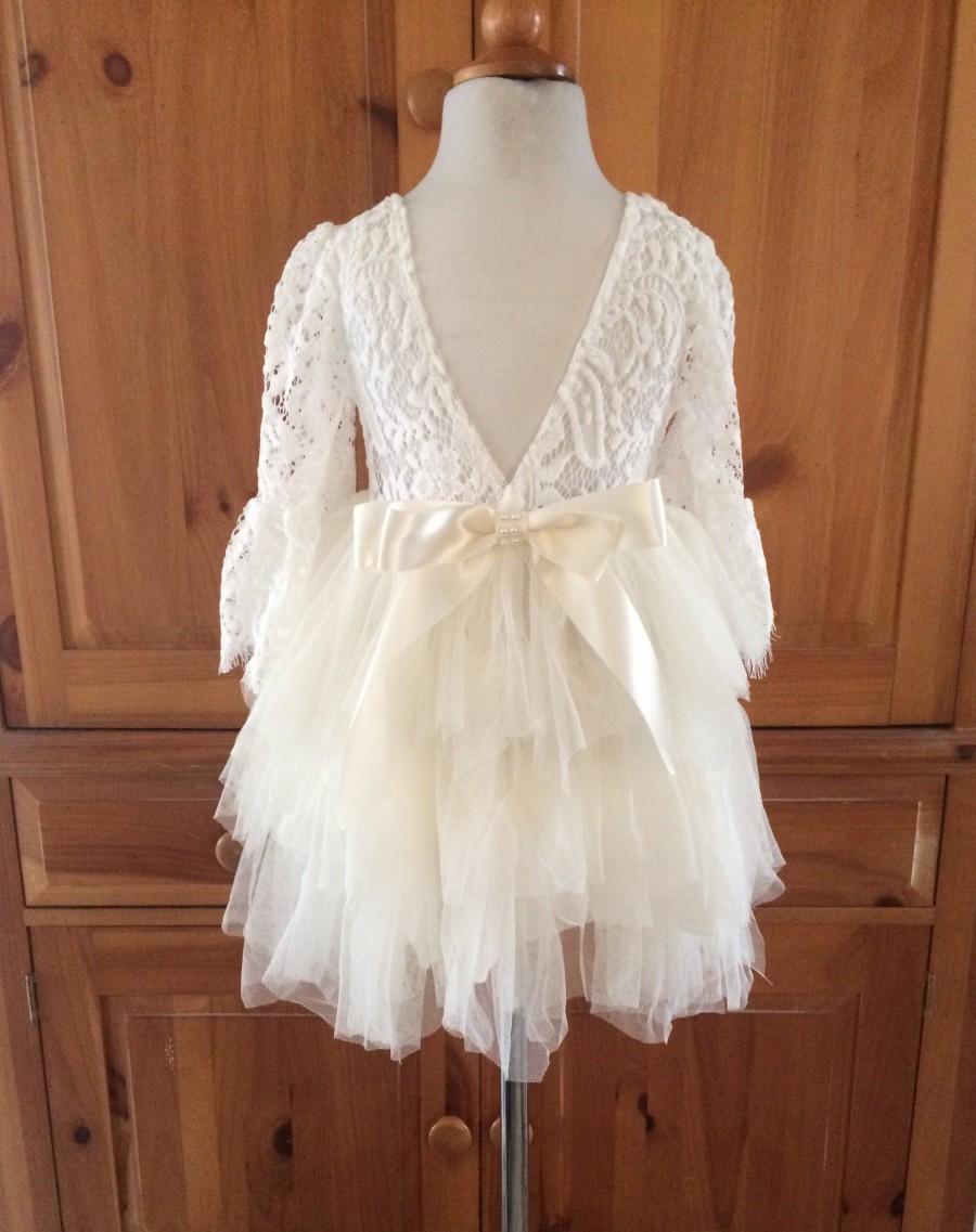 Wedding - First birthday dress Ivory flower girl dress White lace dress Ivory tutu dress Ivory tulle dress Bohemian Baby girl Ball gown Toddler party