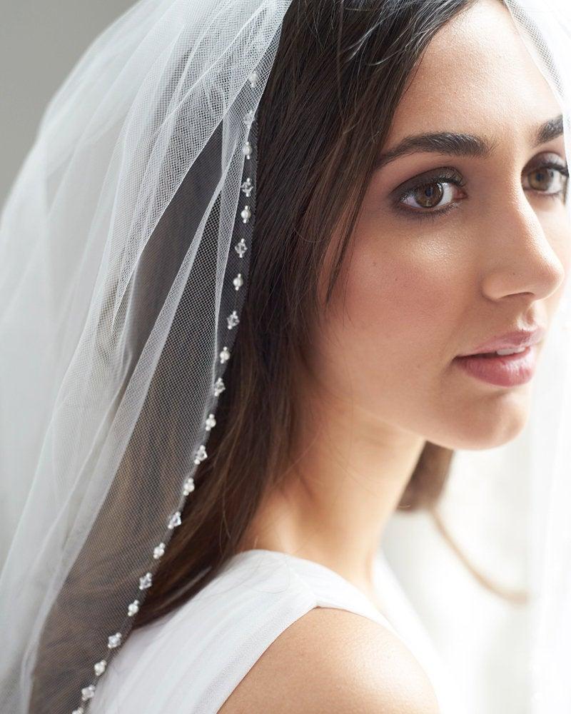 Mariage - Pearl Bridal Veil, Crystal Wedding Veil, Fingertip Length Wedding Veil, Bridal Accessory, Elbow Wedding Veil, Simple Wedding Veil ~VB-5086