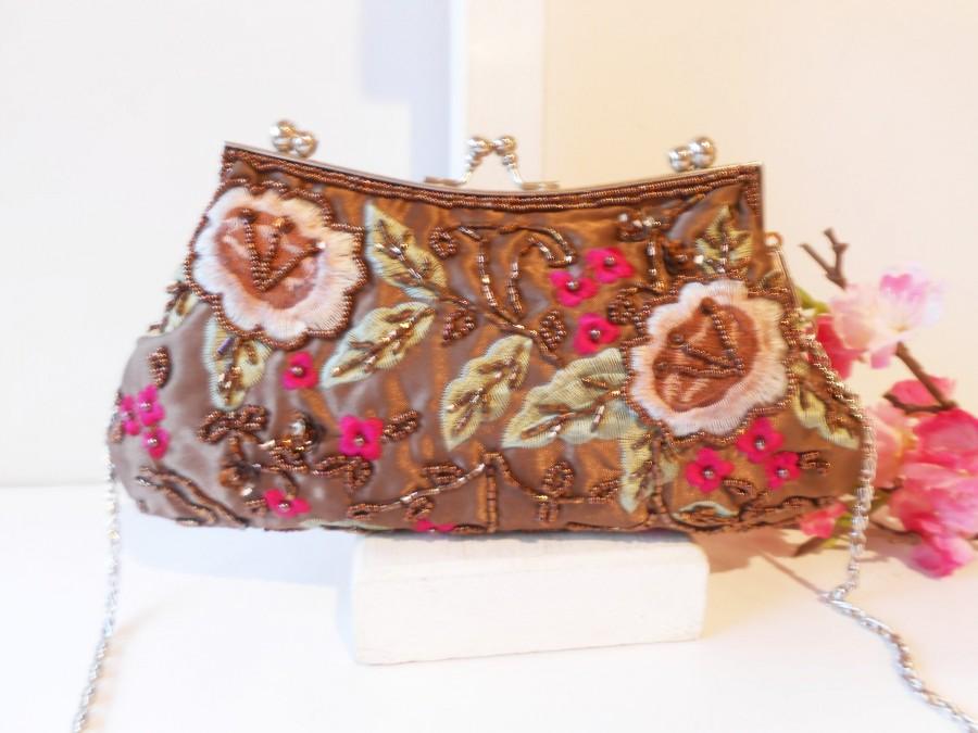 زفاف - Vintage Brown Evening Bag, Glamorous Beaded Embroidery Handbag, Beaded Clutch Bag EB-0730