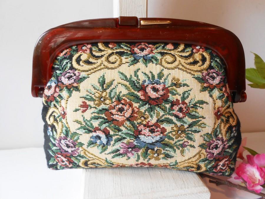 زفاف - Vintage Tapestry Handbag Lucite Frame, Tapestry Clutch Bag EB-0155