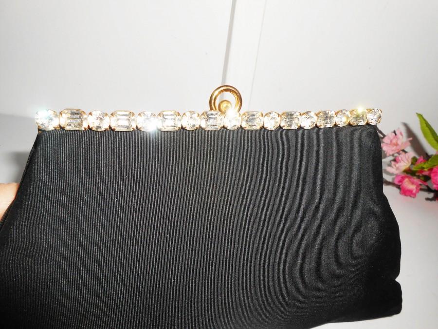 زفاف - Vintage 60'd Evening Bag, Glamorous Black Bag Rhinestone Trim, EB-0320