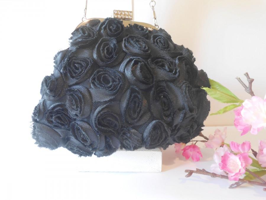 Wedding - Vintage Black Evening Bag Floral Design, Black Handbag Rose Flowers Rhinestone Trim EB-0114