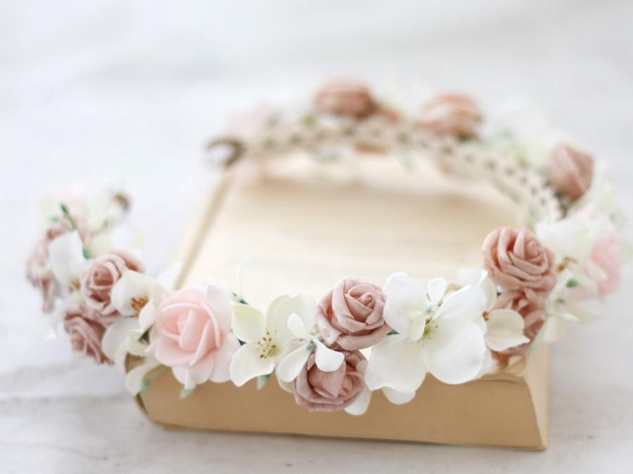 Wedding - Blush flower crown, boho wedding crown, pink flower crown, bohemian flower crown, flower crown adult, flower girl crown, boho flower crown
