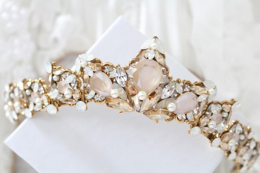 Wedding - Antique Gold Bridal Tiara Crown Wedding hair accessories Swarovski crystal Wedding tiara Gold crown Ivory cream and white opal headpiece