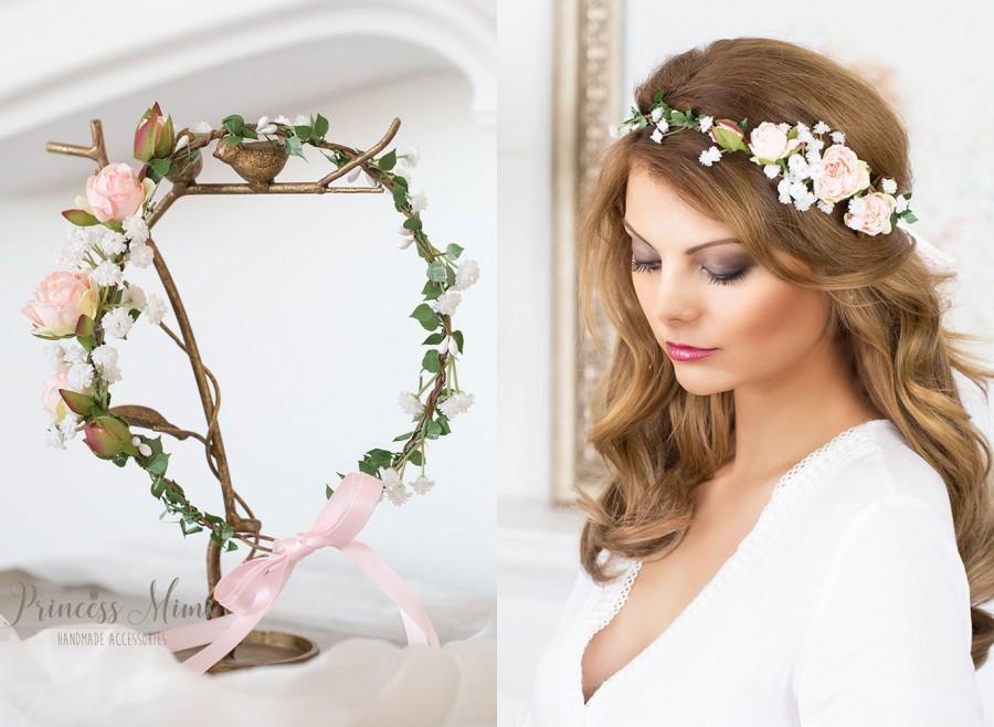 زفاف - Flower Hair Wreath Bridal floral headpiece Crown Wedding Tiara, Bridal flowers, Fairy Crown,Festival Hair Accessories Baby Breath and Roses