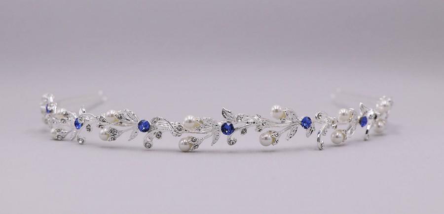 Mariage - Sapphire Blue Bridal Headband, Pearl Wedding Headband, wedding headpiece, rhinestone tiara, Ava Blue Crystal Pearl Headband