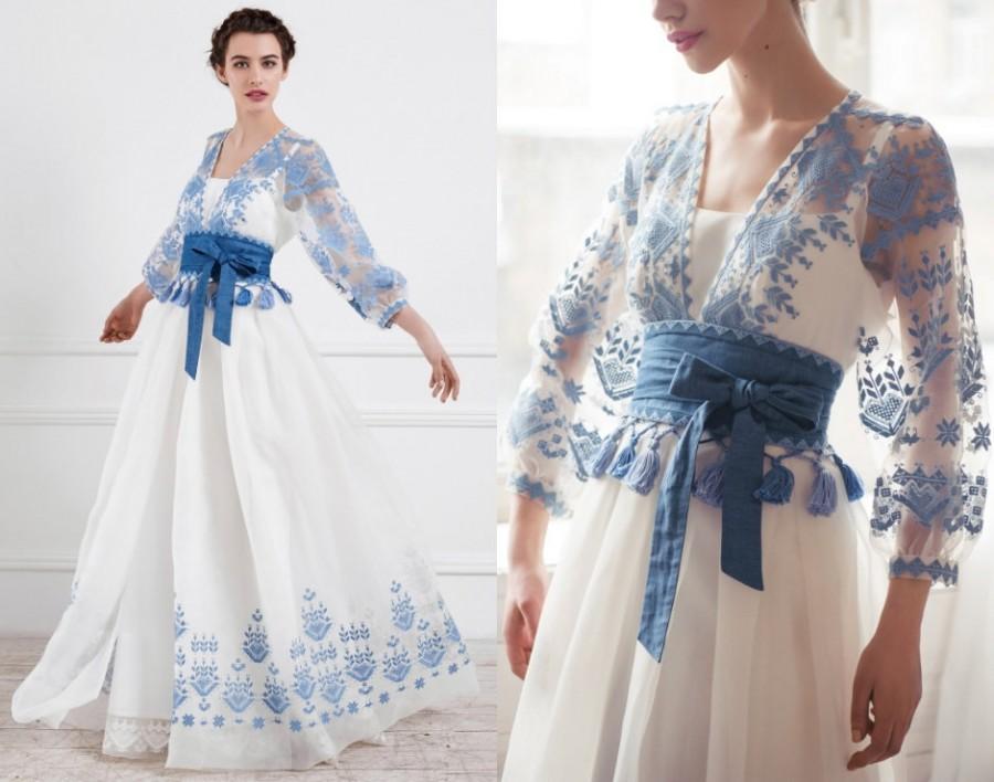 زفاف - Blue wedding gown - Organza bridesmaid embroidered Ukrainian vyshyvanka dress - Boho beach wedding dress - Transparent maxi kaftan with sash