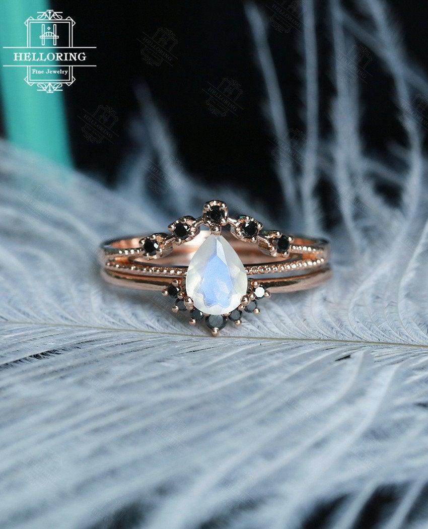 Hochzeit - Moonstone engagement ring set Women Rose gold Black diamond wedding band Pear shaped Milgrain Curved Jewelry Anniversary gift  Promise ring