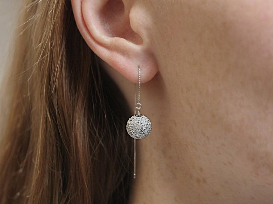 Wedding - Delicate sea urchin threader earrings. Sterling chain earrings with handcasted silver resin sea urchins.