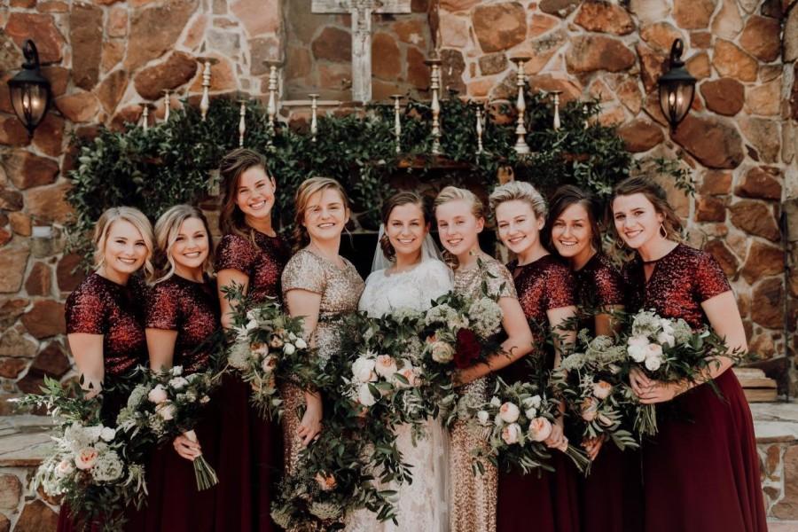 Wedding - Made To Order Chiffon With Top Sequin Burgundy Bridesmaid Maxi Dress, Short Sleeve Sequin Long Made Of Honor Dress , Sparkly Christmas Dress