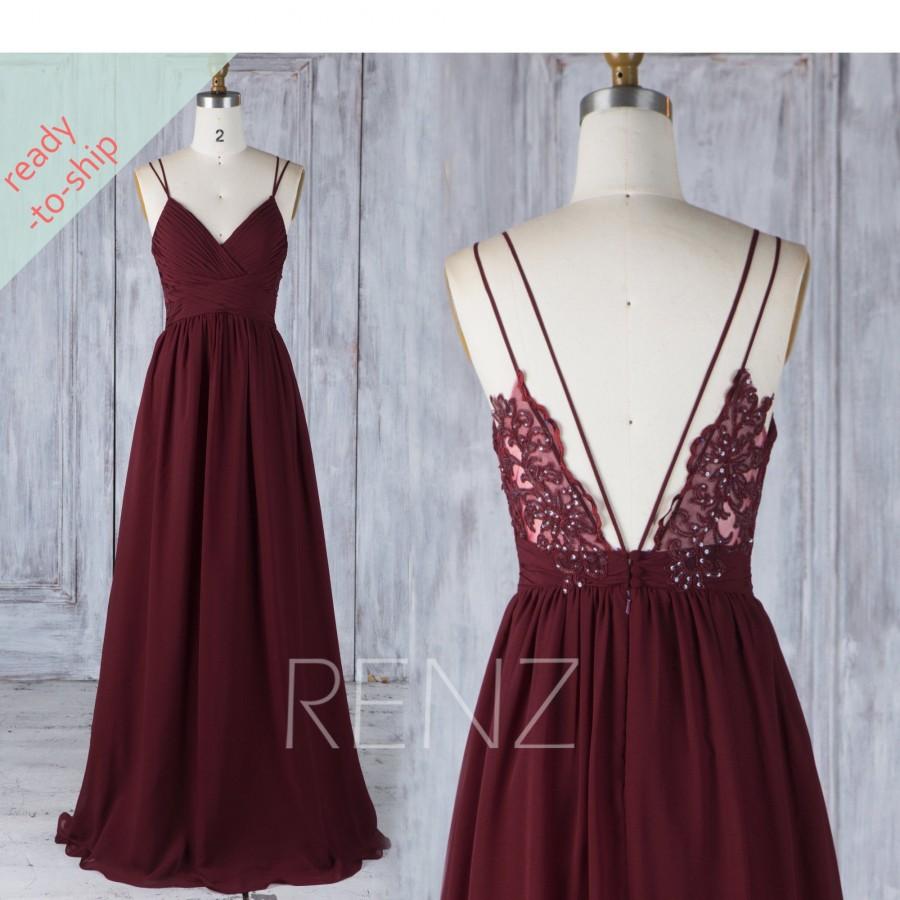 Hochzeit - Party Dress Wine/Dusty Blue Chiffon Bridesmaid Dress Spaghetti Strap Ruched V Neck Illusion Lace Back Maxi Dress A-line Prom Dress - H549