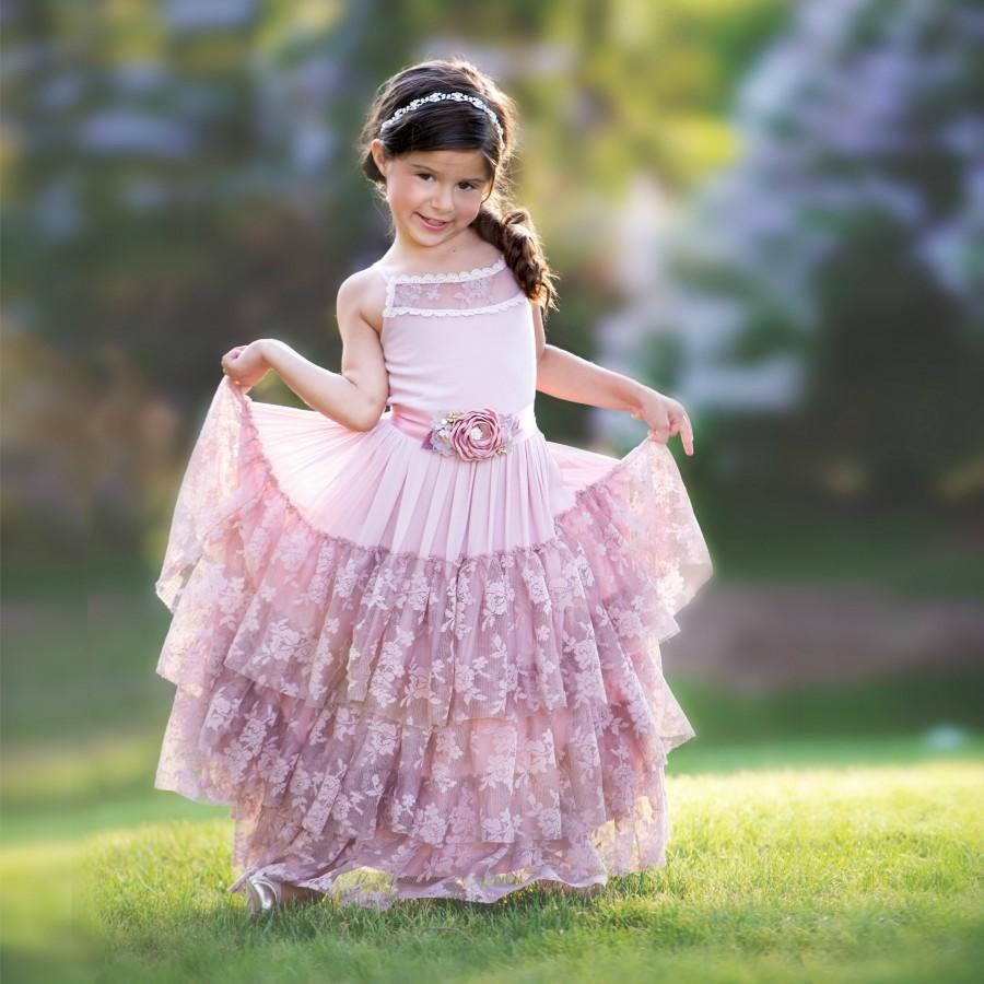 Hochzeit - Dusty Rose Lace Flower Girl Dress, Flower girl dresses, Rustic Flower girl dress, Boho Flower Girl Dress, Blush Flower Girl dress,Pink Dress
