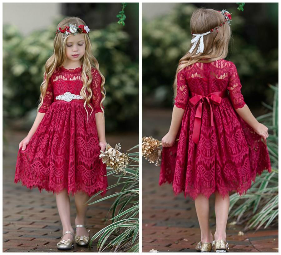 Mariage - Lace Flower girl dress, Burgundy Lace flower girl dress, Bohemian  Flower girl dresses, rustic flower girl,country flower girl, baby dress