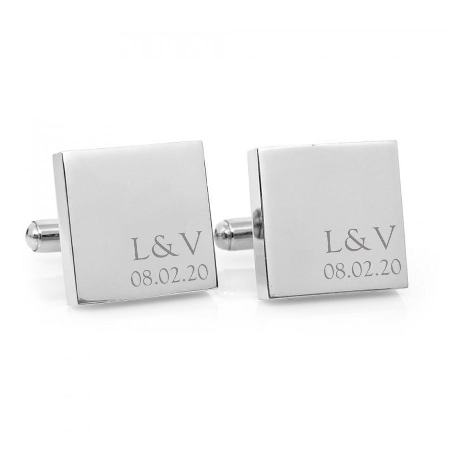 زفاف - Wedding cufflinks - Personalised Minimalist Couple Monogram engraved square silver cufflinks - personalized gift for anniversary or groom