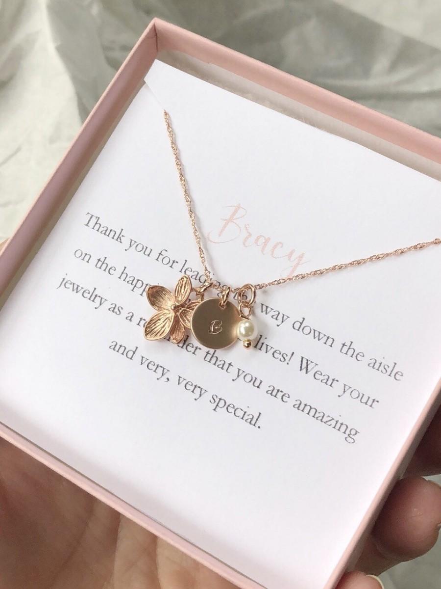 Mariage - Rose gold flower girl necklace, toddler flower girl set, personalized flower girl gift, flower girl jewelry, little girl necklace