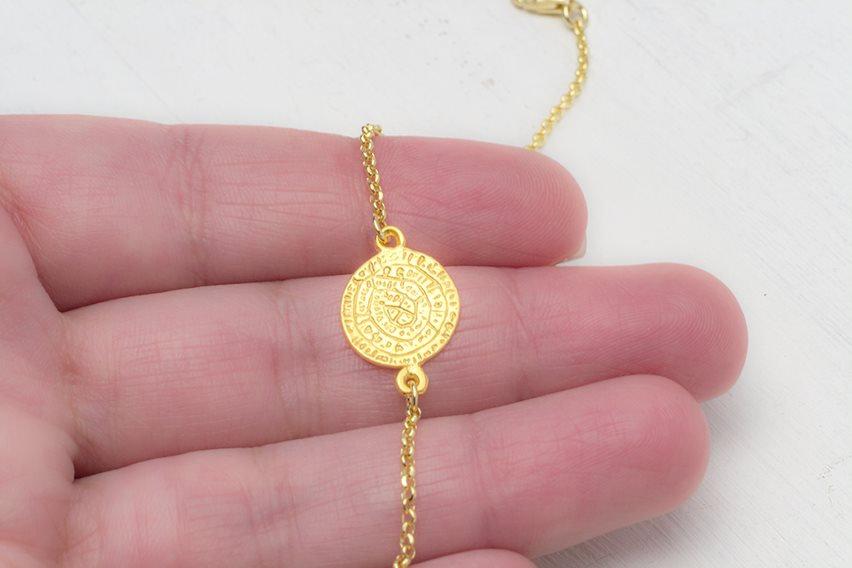 Mariage - Phaistos Disc Bracelet in 14k solid Gold Ancient Greek Coin Gift for Her Layering Bridal Dainty Valentine gift Free shipping Holidays women