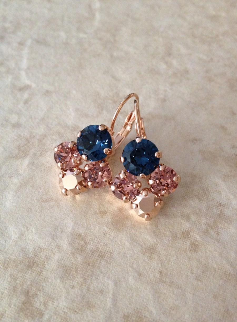 Свадьба - Navy blue, rose gold, french rose, Swarovski crystal drop earrings, crystal cluster earring, wedding jewelry, bridesmaid gift, pierced, blue