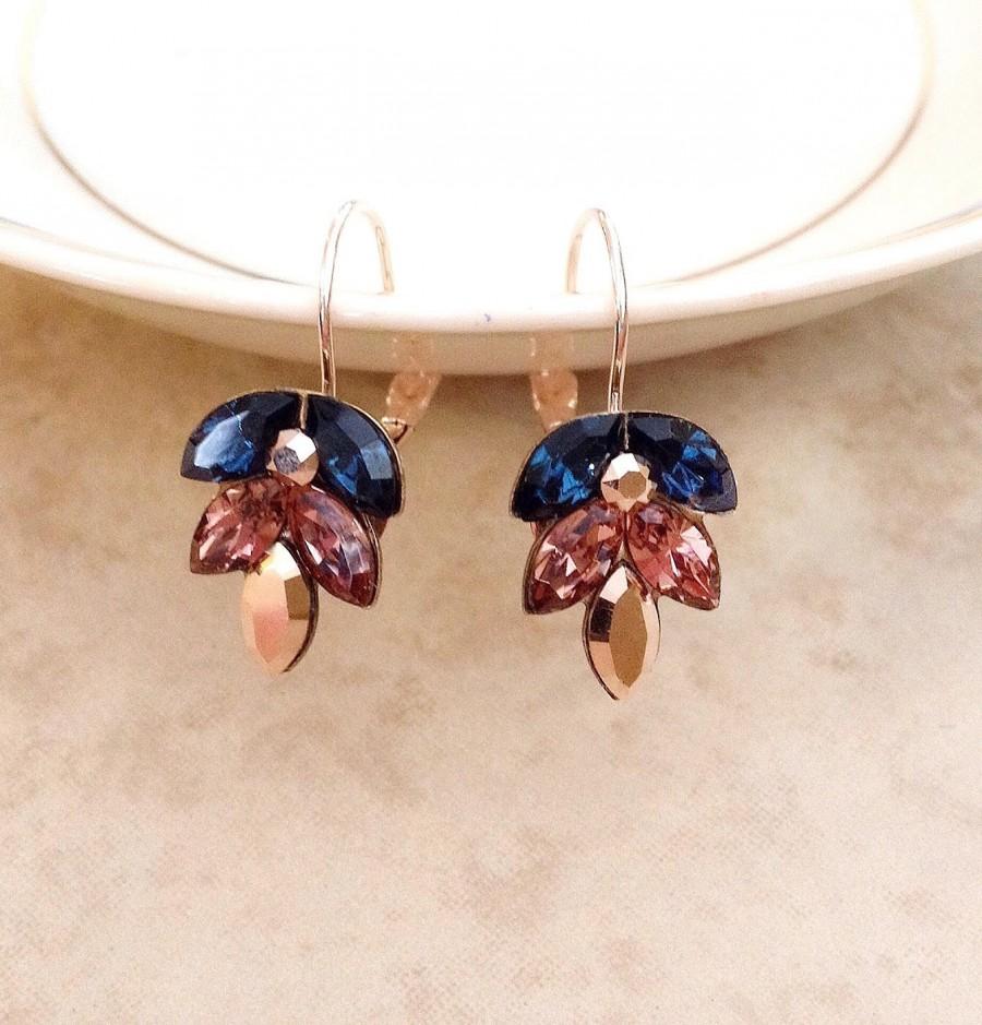 Wedding - Swarovski crystal leaf earrings, wedding earrings, bridesmaid gift, rhinestone leaf earrings, rhinestone earrings, navy blue, rose gold