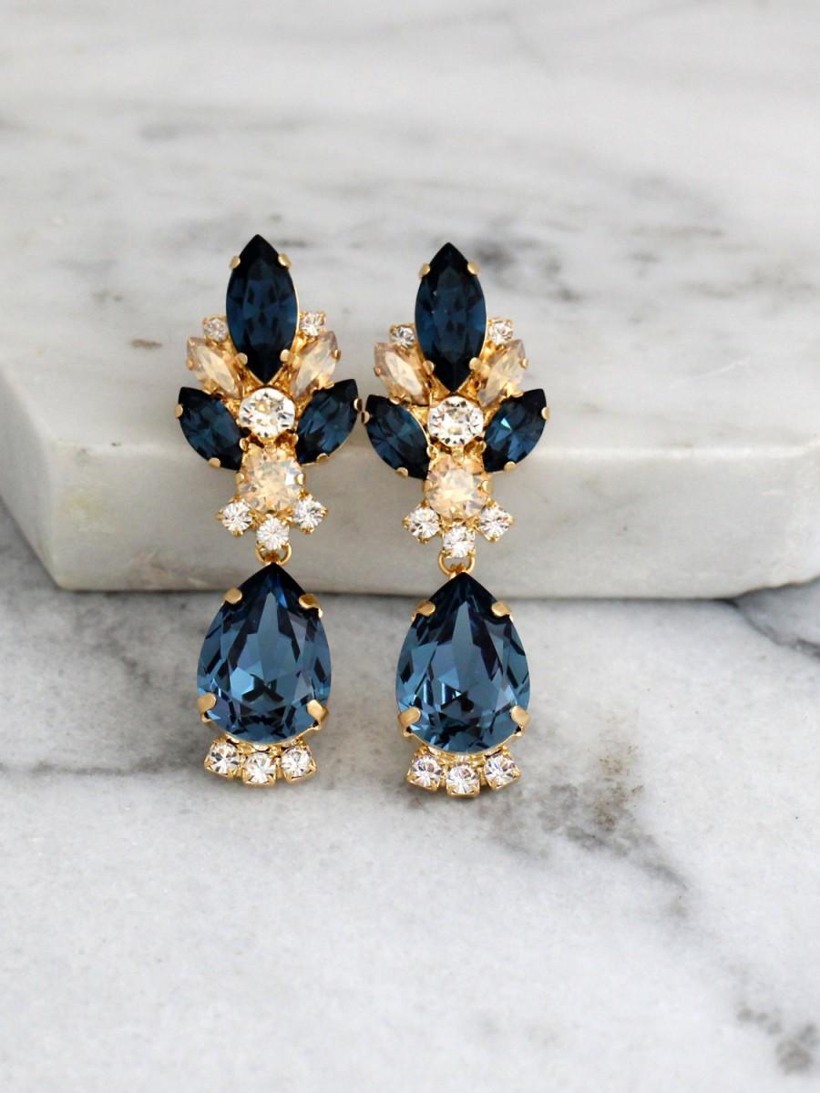 زفاف - Blue Navy Earrings, Dark Blue Bridal Earrings, Navy Blue Chandelier Earrings, Blue Navy Champagne Swarovski Earrings, Bridal Drop Earrings
