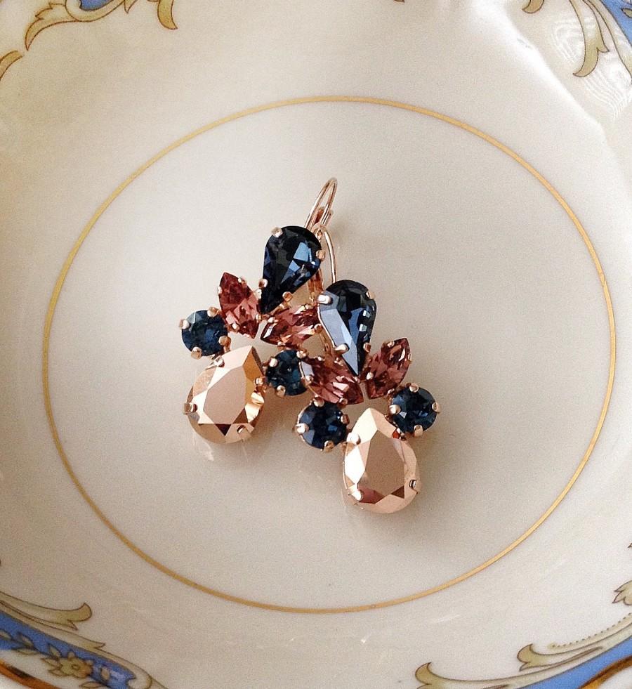 زفاف - Swarovski crystal earrings, bridal earrings, long earrings, navy blue, rose gold, bridesmaid gift, chandelier earrings, something blue, blue