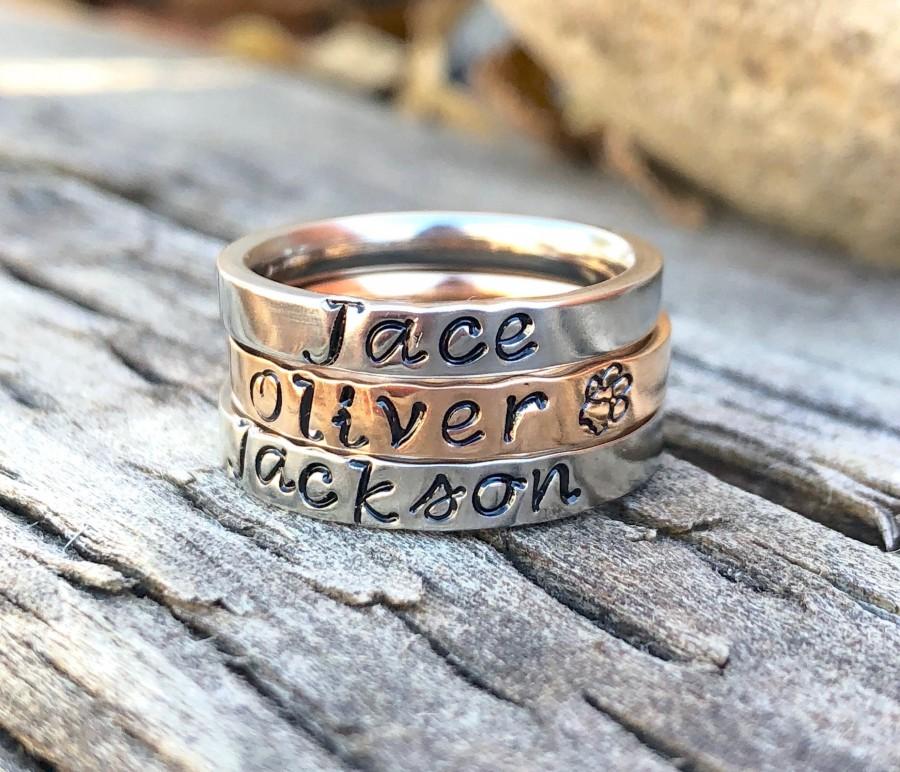 زفاف - Stacking Rings, Stacking Name Ring, Stackable Personalized Ring, Mothers Ring, Personalized Mothers Ring, Hand Stamped Ring, Flat Front Ring