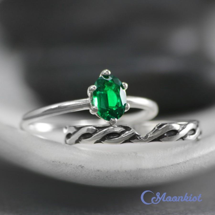 Wedding - Celtic Emerald Wedding Set - Sterling Silver Oval Engagement Ring and Celtic Band - Emerald Engagement Ring Set - Stacking Promise Ring