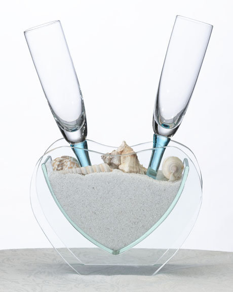 Wedding - Personalized Glass Heart Vase with Toasting Glasses, Sand and Seashells