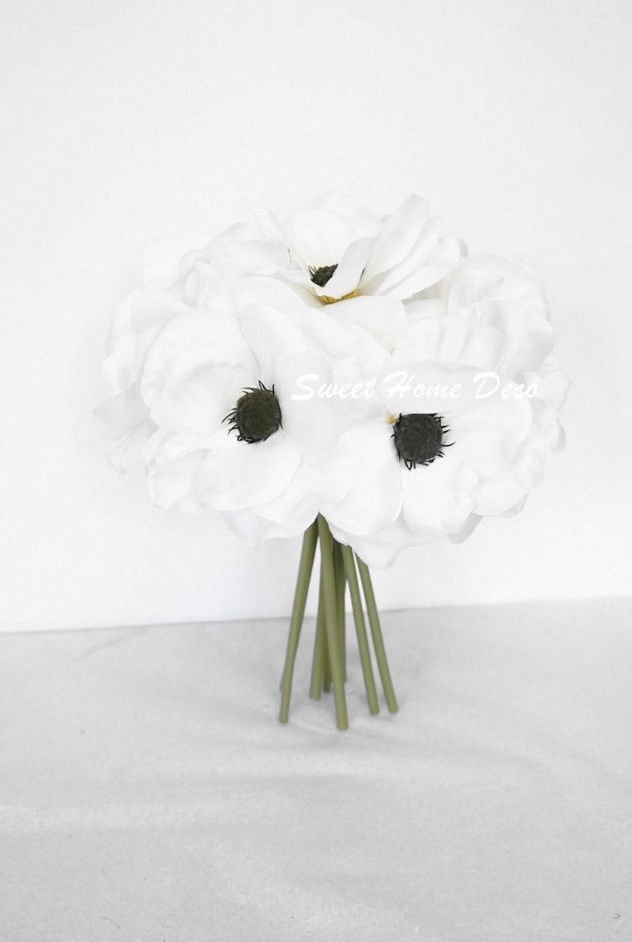 زفاف - JennysFlowerShop 10’’ Blooming Anemone Silk Artificial Wedding Bridal Bouquet/ Home Flower (No Pot Included) (White)