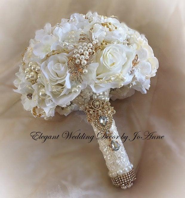 زفاف - HYDRANGEA Bouquet, Off white and Gold JEWELED Bouquet, Custom Silk Flower Bouquet, Mixed Flower Bouquet, ROMANTIC Bouquet, Deposit Only