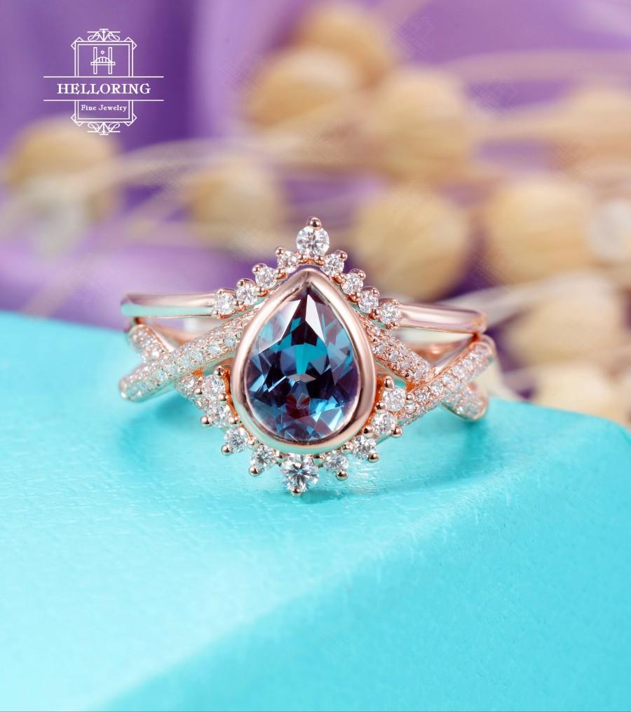Hochzeit - Alexandrite Engagement ring set Rose gold women, Vintage wedding ring, Pear shaped,Curved diamond/ Moissanite band,Anniversary gifts for her