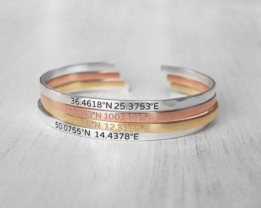 Wedding - Thin Custom Coordinates Cuff Bracelets - Coordinates Bracelets - Personalized Latitude Longitude Jewelry - Skinny Silver Cuffs #PB03