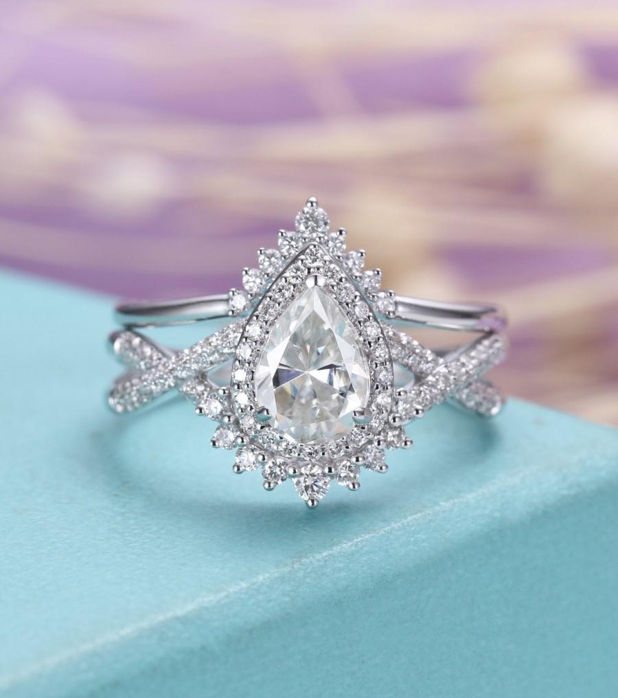 Wedding - Pear shaped Moissanite engagement ring set, White gold, halo diamond/ moissanite band for Women,Chevron ring, twisted band Vintage Jewelry