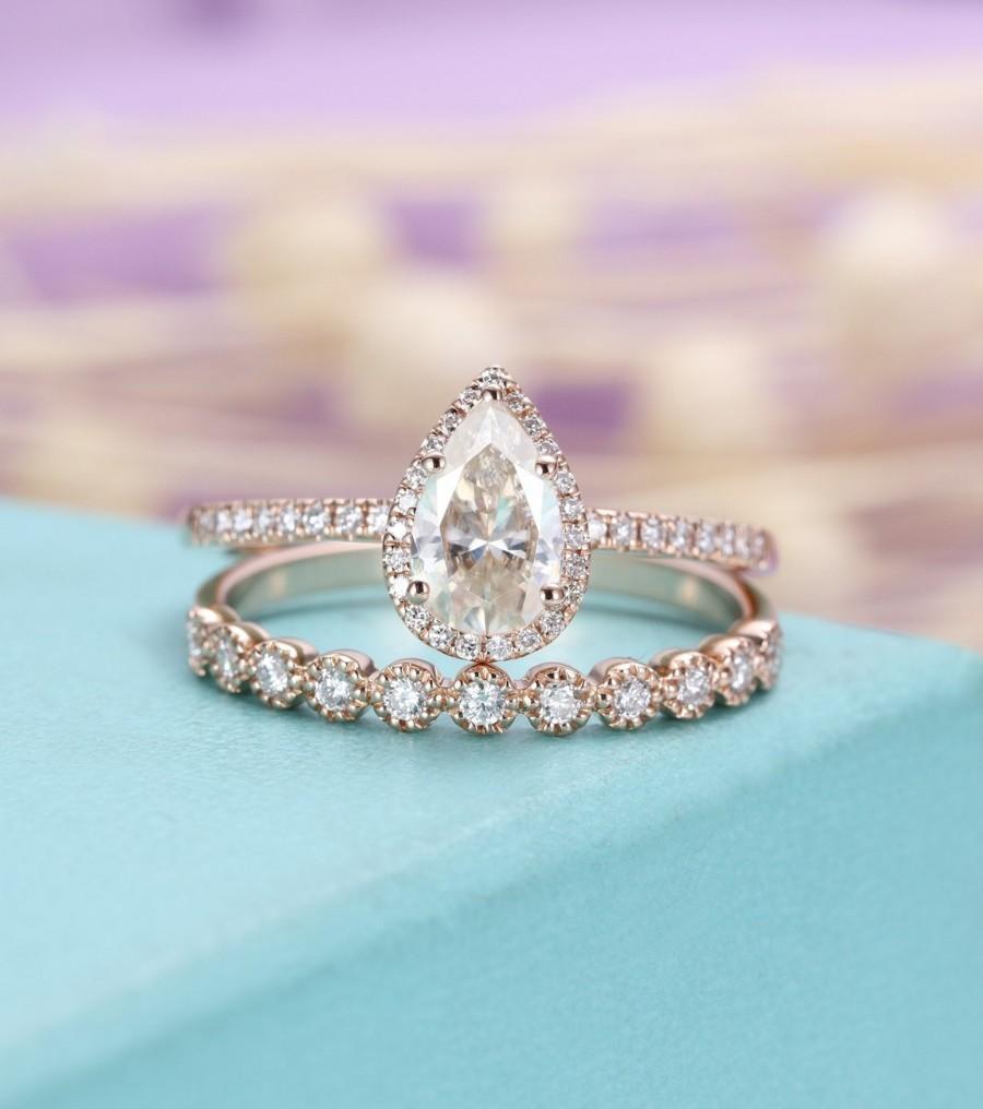 زفاف - Pear shaped Moissanite Engagement Ring set for women,Vintage and Delicate Diamond ring,rose gold Wedding band, Stacking jewelry gift for her