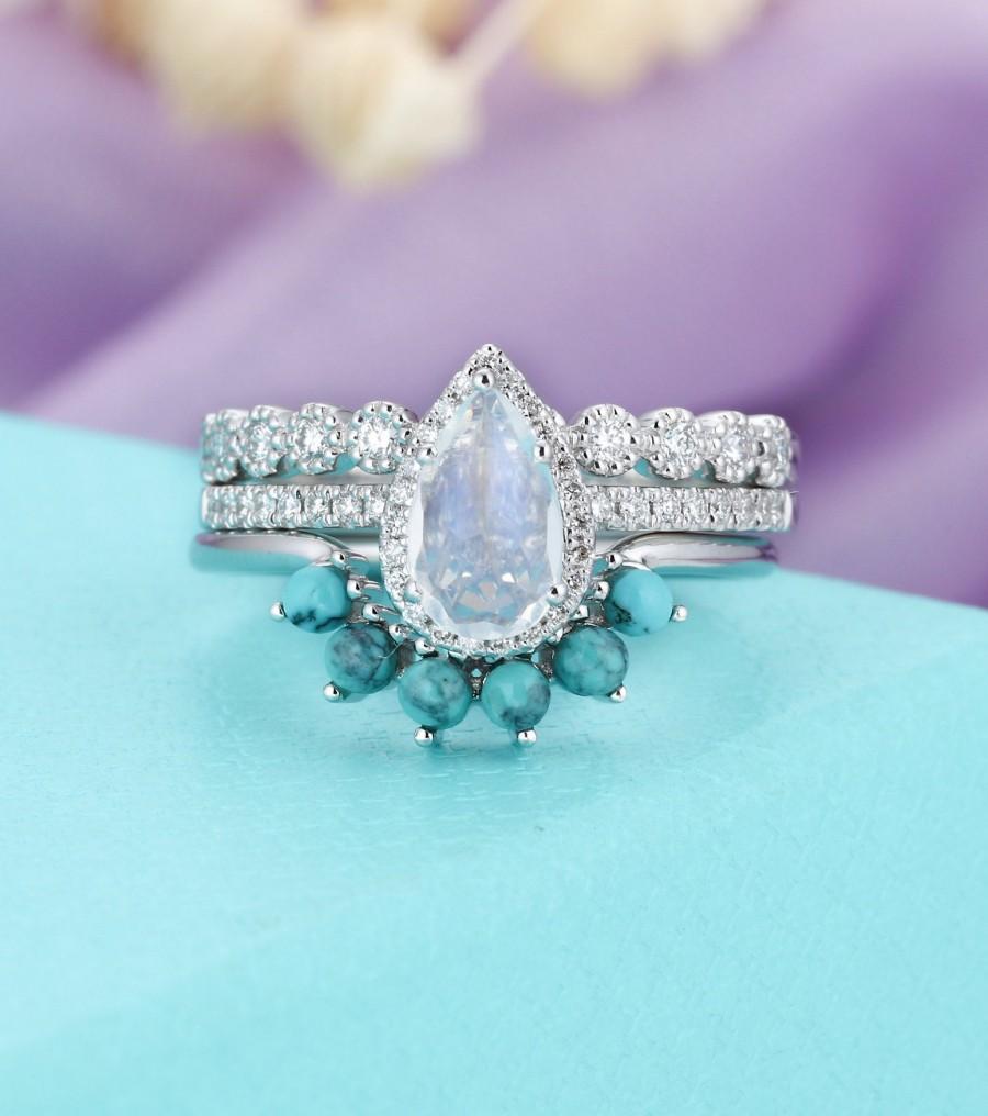 زفاف - White gold engagement ring set women, Pear shaped Moonstone wedding ring, Halo Diamond Half eternity, Vintage Turquoise Curved matching band