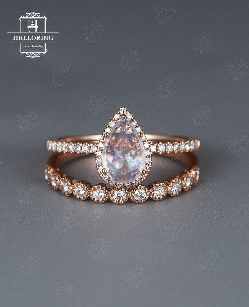 Свадьба - Moonstone Engagement Ring Vintage Delicate Diamond Wedding women 14k gold Bridal set jewelry Simple Pear Shaped Cut Stacking Anniversary