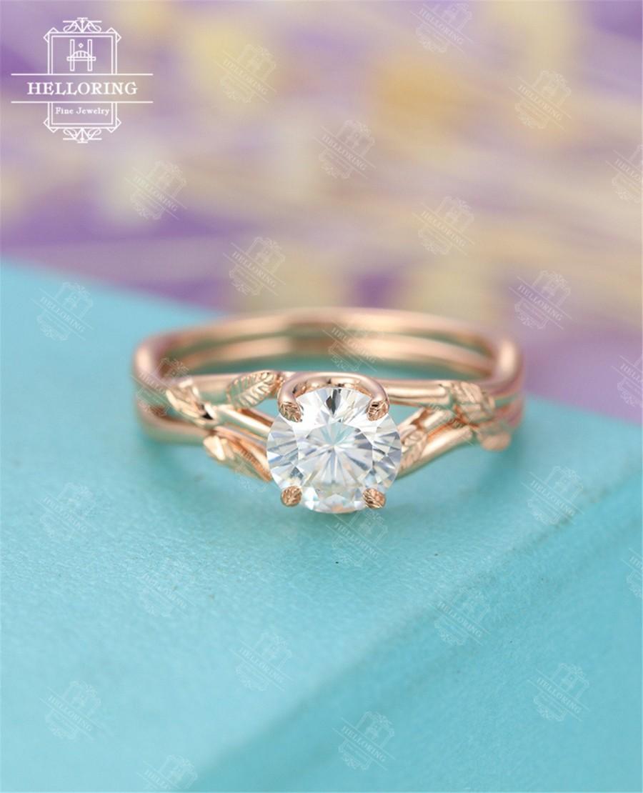 زفاف - Moissanite engagement ring Rose gold Curved wedding band Women Unique Leaf ring Solitaire Simple Bridal set Jewelry Anniversary gift for her