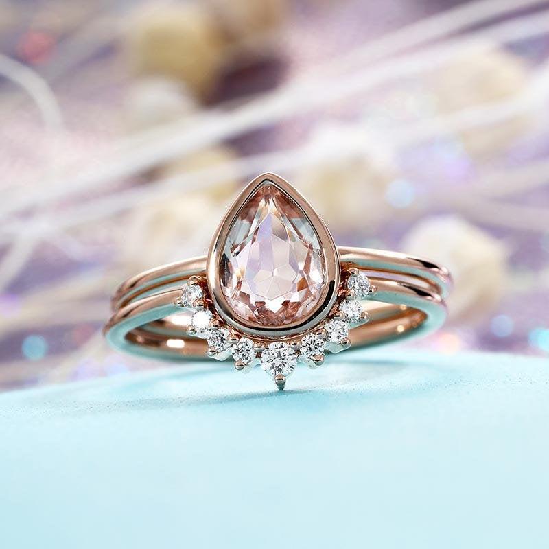 Wedding - Morganite Engagement Ring Vintage Rose Gold Diamond Wedding ring set Women Bridal Jewelry Pear Shaped Cut Stacking Alternative Anniversary