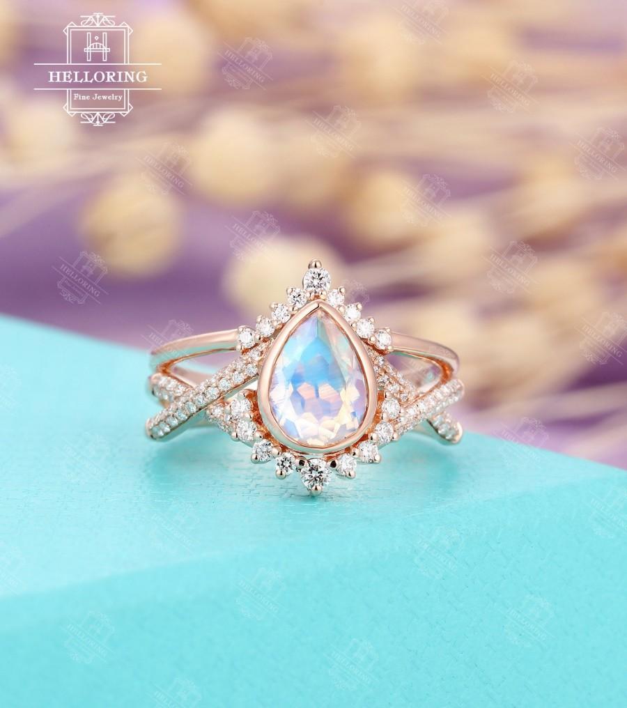 Wedding - Moonstone engagement ring set, Rose gold Diamond wedding band Women Chevron Pear shaped Twisted Bridal Jewelry Anniversary gift for her