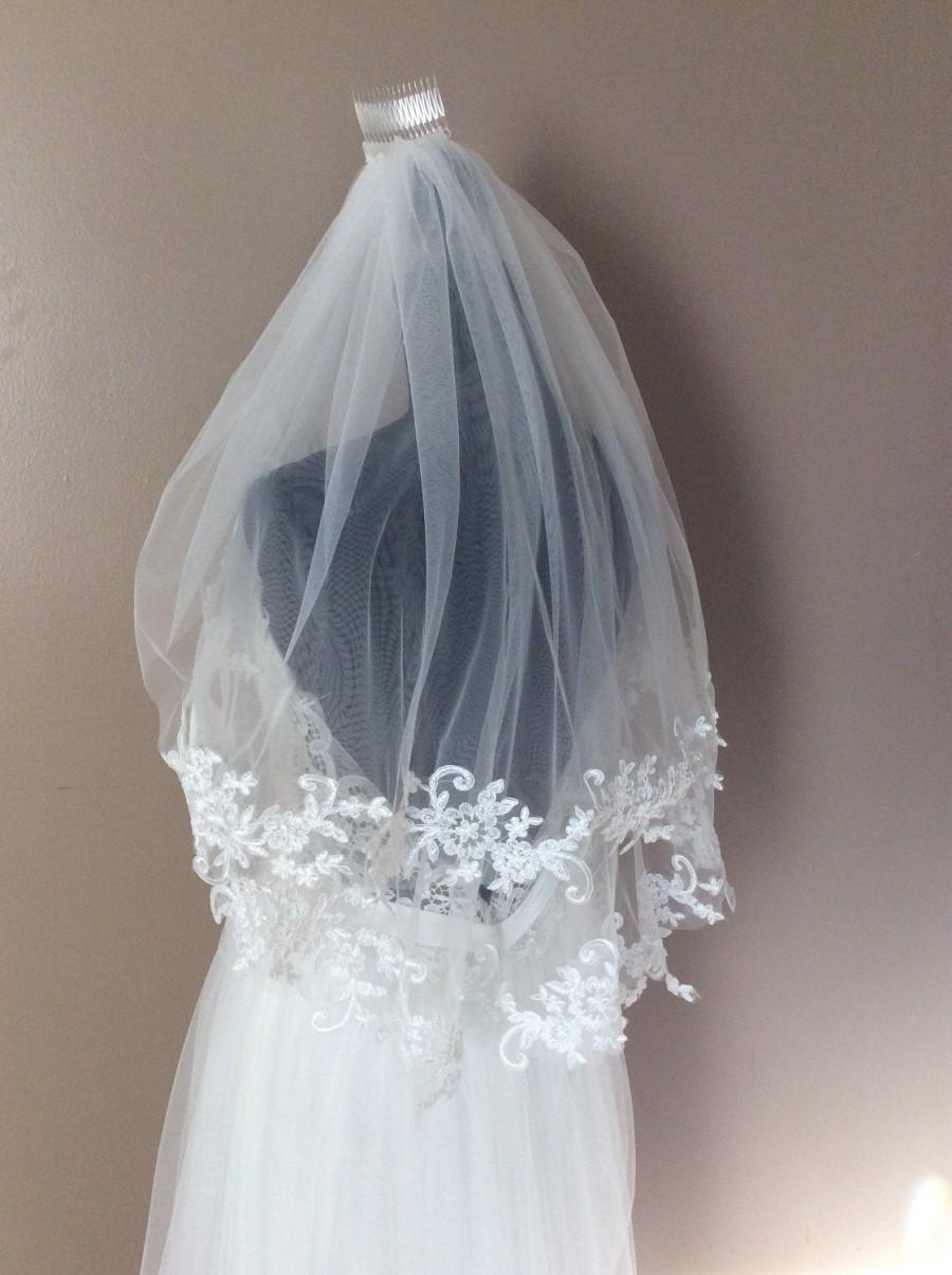Hochzeit - Bridal Wedding Veil With Comb Lace Applique Edge 2 Tiers